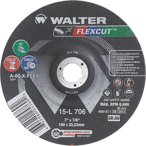 Flexcut Depressed Centre Grinding Wheels, 7", 60 Grit, Aluminum Oxide, 7/8", 8600 RPM, Type 29 Brunswick Fyr & Safety