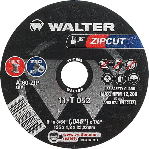 Meule &agrave; tronçonner Zipcut, 5" x 3/64", Arbre de 7/8", Type 1, Oxyde d'aluminium, 12 200 Tr/min Brunswick Fyr & Safety