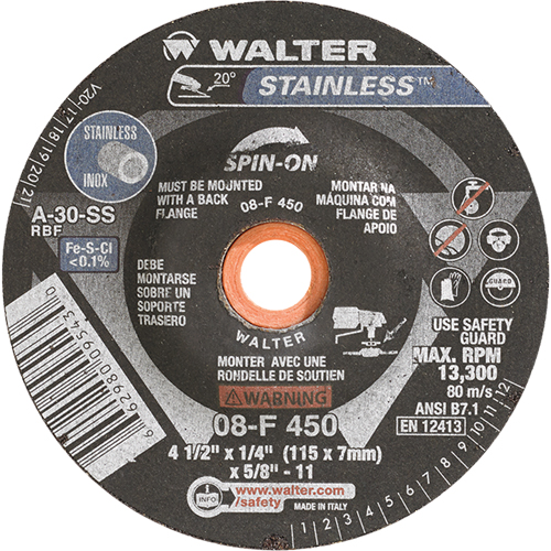 Depressed Centre Grinding Wheels - Stainless Type 27, 4-1/2" x 1/4", 5/8"-11 Arbor, Type 27S Brunswick Fyr & Safety