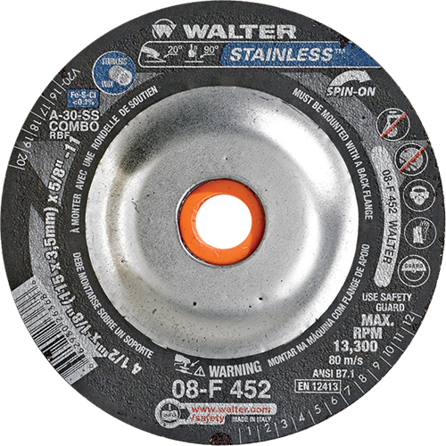 Depressed Centre Grinding Wheels - Stainless Type 27, 4-1/2" x 1/8", 5/8"-11 Arbor, Type 27S Brunswick Fyr & Safety