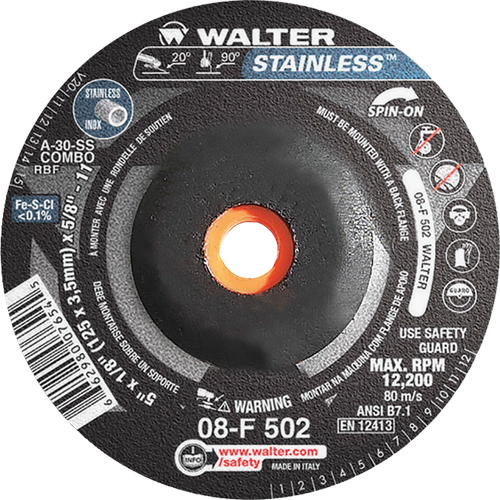 Depressed Centre Grinding Wheels - Stainless Type 27, 5" x 1/8", 5/8"-11 Arbor, Type 27S Brunswick Fyr & Safety