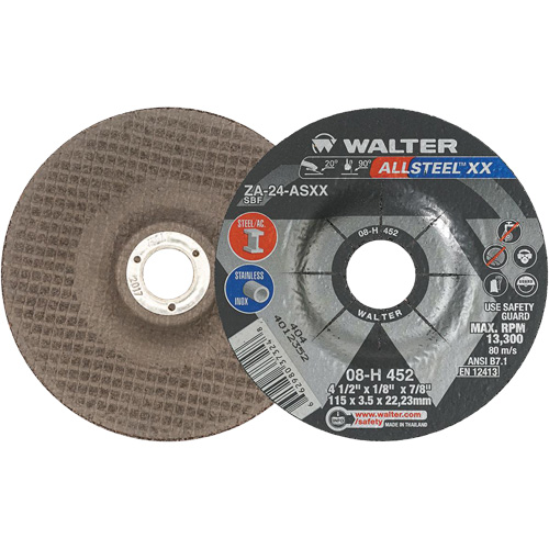 Depressed Centre Grinding Wheels - Allsteel XX, 4-1/2" x 1/8", 7/8" Arbor, Type 27, Zirconia Alumina, 13300 RPM Brunswick Fyr & Safety