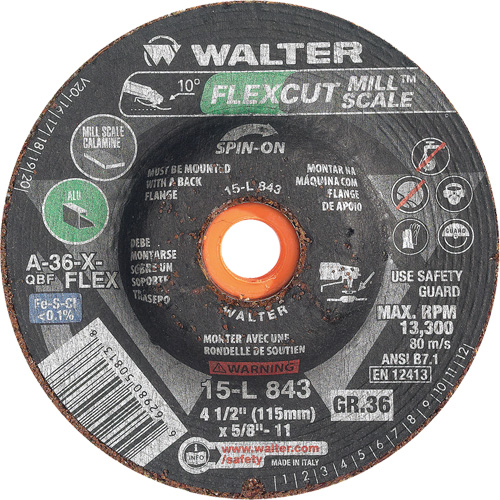 Meule FLEXCUT MILL SCALE, 4-1/2", 36 Grain, Oxyde d'aluminium, 5/8"-11, 13 300 Tr/min, Type 29 Brunswick Fyr & Safety