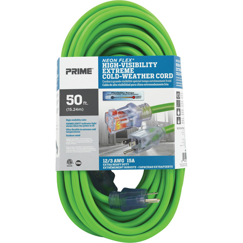 Neon Flex&reg; High Visibility Extension Cord, Outdoor, SJTW, 12/3 AWG, 15 A, 50' Brunswick Fyr & Safety