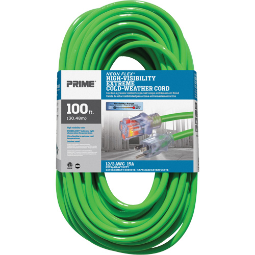 Neon Flex&reg; High Visibility Extension Cord, Outdoor, SJTW, 12/3 AWG, 15 A, 100' Brunswick Fyr & Safety