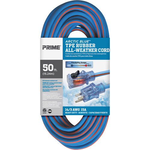 Arctic Blue Extension Cord, All-Weather, SJEOW, 14/3 AWG, 15 A, 50' Brunswick Fyr & Safety