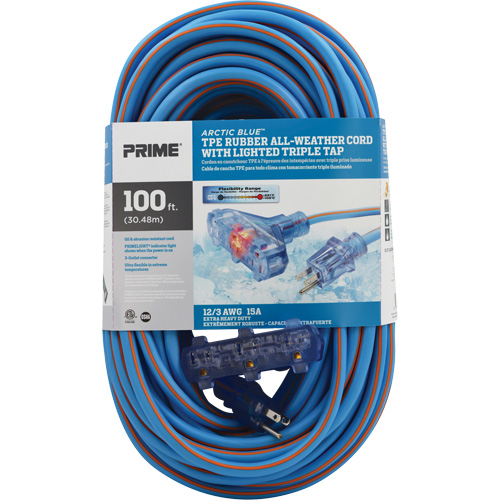 Arctic Blue TPE-Rubber Extension Cord, All-Weather, SJEOW, 12/3 AWG, 15 A, 3 Outlet(s), 100' Brunswick Fyr & Safety