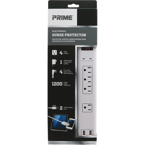 Limiteurs de surtension avec chargeur USB, 4 Prises, 1200 J, 1875 W, Cordon 4' Brunswick Fyr & Safety