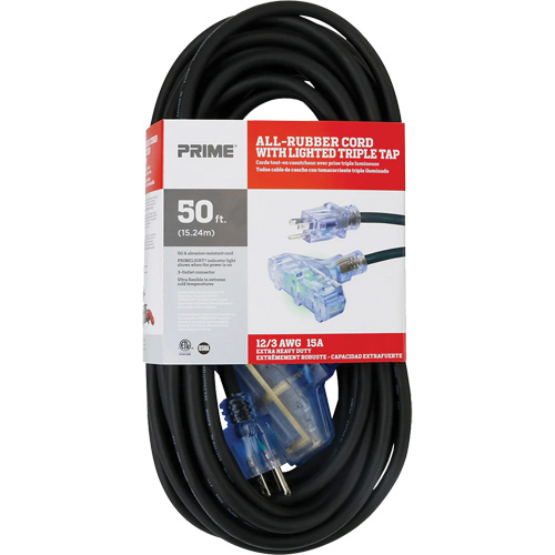 All-Rubber Extension Cord, Outdoor, SJOOW, 12/3 AWG, 15 A, 3 Outlet(s), 50' Brunswick Fyr & Safety