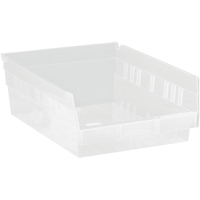 Shelf Bins, 8-3/8" W x 4" H x 11-5/8" D, Clear, 30 lbs. Capacity Brunswick Fyr & Safety