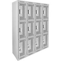 Clean Line Lockers, 3 -tier, Bank of 4, 48" x 12" x 72", Steel, Grey, Rivet (Assembled), Perforated Brunswick Fyr & Safety