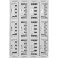 Clean Line Lockers, 3 -tier, Bank of 4, 48" x 12" x 72", Steel, Grey, Rivet (Assembled), Perforated Brunswick Fyr & Safety