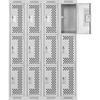 Clean Line Lockers, 3 -tier, Bank of 4, 48" x 12" x 72", Steel, Grey, Rivet (Assembled), Perforated Brunswick Fyr & Safety