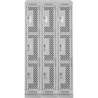 Clean Line Lockers, 3 -tier, Bank of 3, 36" x 15" x 82", Steel, Grey, Rivet (Assembled), Perforated Brunswick Fyr & Safety
