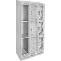 Clean Line Lockers, 3 -tier, Bank of 3, 36" x 15" x 82", Steel, Grey, Rivet (Assembled), Perforated Brunswick Fyr & Safety