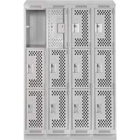 Clean Line Lockers, 3 -tier, Bank of 4, 48" x 15" x 82", Steel, Grey, Rivet (Assembled), Perforated Brunswick Fyr & Safety