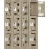 Clean Line Lockers, 3 -tier, Bank of 4, 48" x 12" x 72", Steel, Beige, Rivet (Assembled), Perforated Brunswick Fyr & Safety