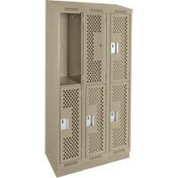 Clean Line Lockers, 2 -tier, Bank of 3, 36" x 15" x 82", Steel, Beige, Rivet (Assembled), Perforated Brunswick Fyr & Safety