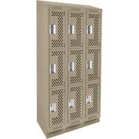 Clean Line Lockers, 3 -tier, Bank of 3, 36" x 15" x 82", Steel, Beige, Rivet (Assembled), Perforated Brunswick Fyr & Safety