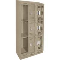 Clean Line Lockers, 3 -tier, Bank of 3, 36" x 15" x 82", Steel, Beige, Rivet (Assembled), Perforated Brunswick Fyr & Safety