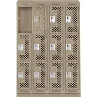 Clean Line Lockers, 3 -tier, Bank of 4, 48" x 15" x 82", Steel, Beige, Rivet (Assembled), Perforated Brunswick Fyr & Safety