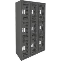 Clean Line Lockers, 3 -tier, Bank of 3, 36" x 12" x 72", Steel, Charcoal, Rivet (Assembled), Perforated Brunswick Fyr & Safety