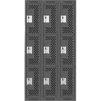 Clean Line Lockers, 3 -tier, Bank of 3, 36" x 12" x 72", Steel, Charcoal, Rivet (Assembled), Perforated Brunswick Fyr & Safety
