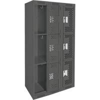 Clean Line Lockers, 3 -tier, Bank of 3, 36" x 12" x 72", Steel, Charcoal, Rivet (Assembled), Perforated Brunswick Fyr & Safety