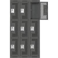 Clean Line Lockers, 3 -tier, Bank of 3, 36" x 12" x 72", Steel, Charcoal, Rivet (Assembled), Perforated Brunswick Fyr & Safety