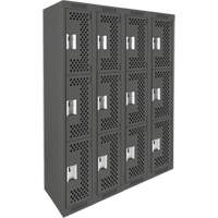 Clean Line Lockers, 3 -tier, Bank of 4, 48" x 12" x 72", Steel, Charcoal, Rivet (Assembled), Perforated Brunswick Fyr & Safety