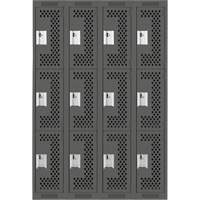 Clean Line Lockers, 3 -tier, Bank of 4, 48" x 12" x 72", Steel, Charcoal, Rivet (Assembled), Perforated Brunswick Fyr & Safety
