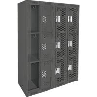 Clean Line Lockers, 3 -tier, Bank of 4, 48" x 12" x 72", Steel, Charcoal, Rivet (Assembled), Perforated Brunswick Fyr & Safety