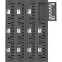 Clean Line Lockers, 3 -tier, Bank of 4, 48" x 12" x 72", Steel, Charcoal, Rivet (Assembled), Perforated Brunswick Fyr & Safety