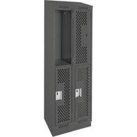 Clean Line Lockers, 2 -tier, Bank of 2, 24" x 15" x 82", Steel, Charcoal, Rivet (Assembled), Perforated Brunswick Fyr & Safety