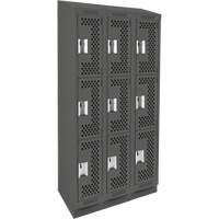 Clean Line Lockers, 3 -tier, Bank of 3, 36" x 15" x 82", Steel, Charcoal, Rivet (Assembled), Perforated Brunswick Fyr & Safety