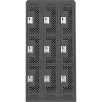 Clean Line Lockers, 3 -tier, Bank of 3, 36" x 15" x 82", Steel, Charcoal, Rivet (Assembled), Perforated Brunswick Fyr & Safety