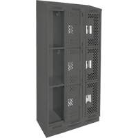 Clean Line Lockers, 3 -tier, Bank of 3, 36" x 15" x 82", Steel, Charcoal, Rivet (Assembled), Perforated Brunswick Fyr & Safety