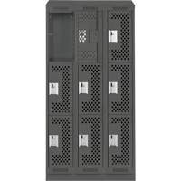 Clean Line Lockers, 3 -tier, Bank of 3, 36" x 15" x 82", Steel, Charcoal, Rivet (Assembled), Perforated Brunswick Fyr & Safety