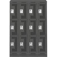 Clean Line Lockers, 3 -tier, Bank of 4, 48" x 15" x 82", Steel, Charcoal, Rivet (Assembled), Perforated Brunswick Fyr & Safety