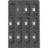 Clean Line Lockers, 3 -tier, Bank of 4, 48" x 15" x 82", Steel, Charcoal, Rivet (Assembled), Perforated Brunswick Fyr & Safety