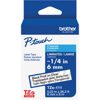 TZe-111 Laminated Tape for TZe-Compatible P-Touch Label Makers, Black on Clear, 0.23" Width Brunswick Fyr & Safety