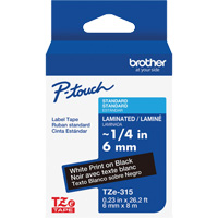 TZe-315 Laminated Tape for TZe-Compatible P-Touch Label Makers, White on Black, 0.23" Width Brunswick Fyr & Safety
