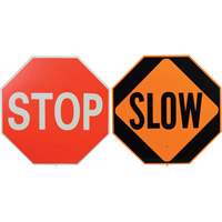 Panneau de signalisation à deux côtés « Stop/Slow », 18" x 18", Plastique, Anglais avec pictogramme SEJ662 | Brunswick Fyr & Safety